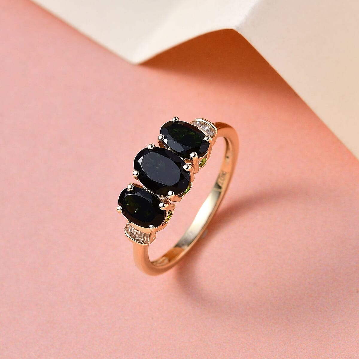 Luxoro 10K Yellow Gold Premium Tanzanian Chrome Tourmaline and Diamond Accent 3 Stone Ring (Size 8.0) 1.60 ctw image number 1