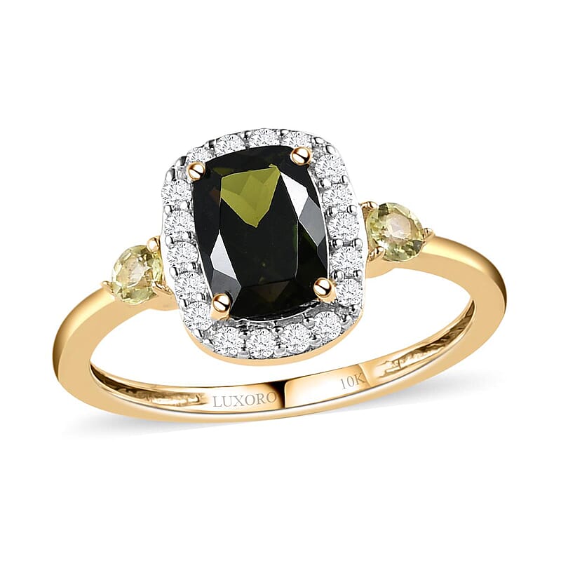 Luxoro 10K Yellow Gold Premium Tanzanian Chrome Tourmaline, Natural Canary Tourmaline and Diamond Halo Ring (Size 10.0) 1.10 ctw