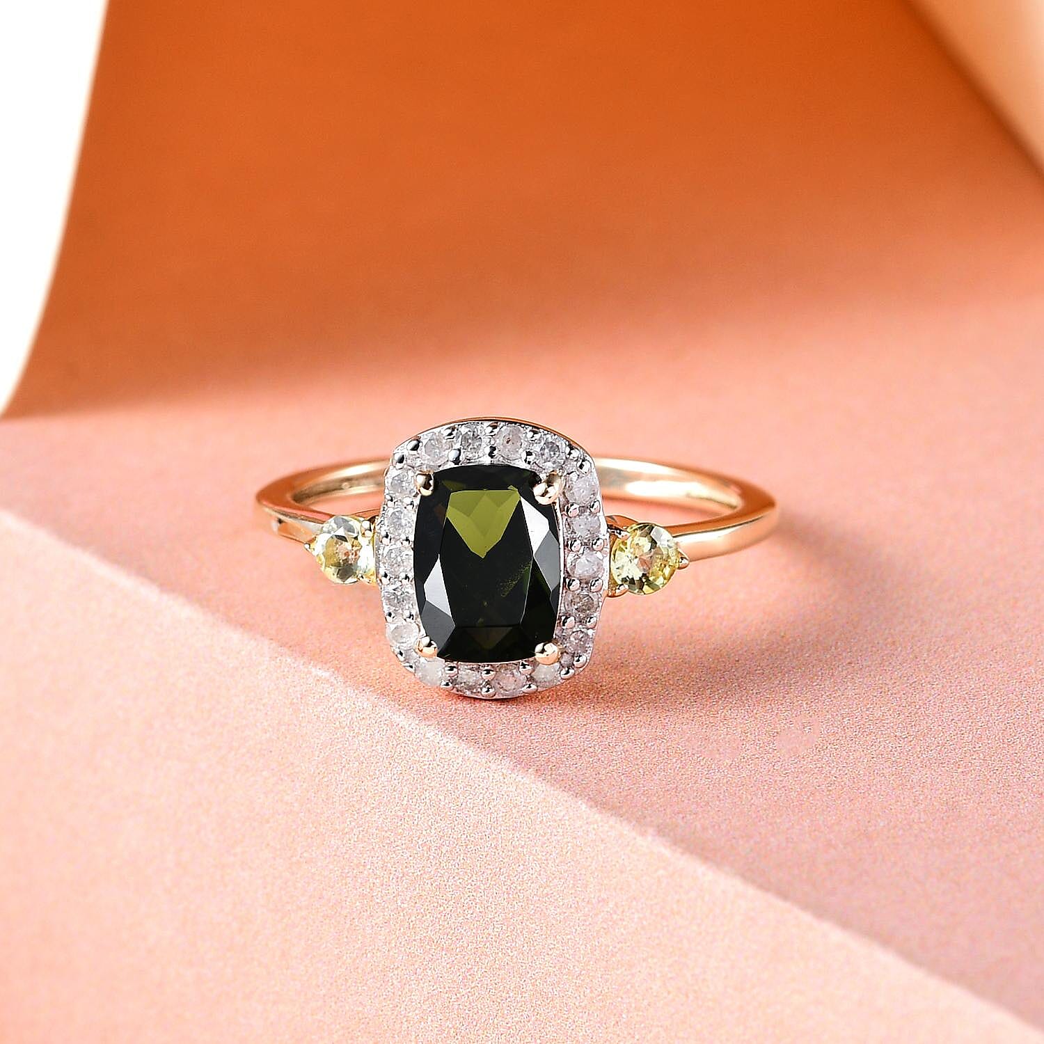 Luxoro 10K Yellow Gold Premium Tanzanian Chrome Tourmaline, Natural Canary Tourmaline and Diamond Halo Ring (Size 10.0) 1.10 ctw