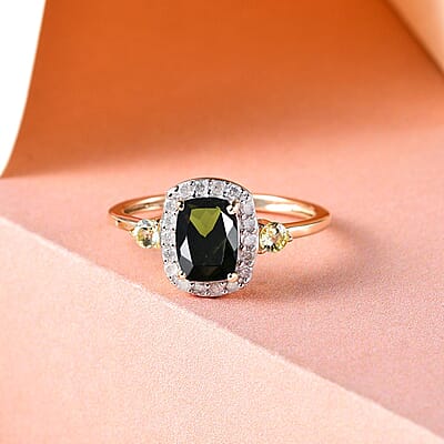 Luxoro 10K Yellow Gold Premium Tanzanian Chrome Tourmaline, Natural Canary Tourmaline and Diamond Halo Ring (Size 10.0) 1.10 ctw