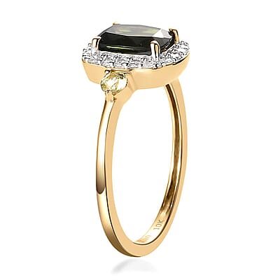 Luxoro 10K Yellow Gold Premium Tanzanian Chrome Tourmaline, Natural Canary Tourmaline and Diamond Halo Ring (Size 10.0) 1.10 ctw