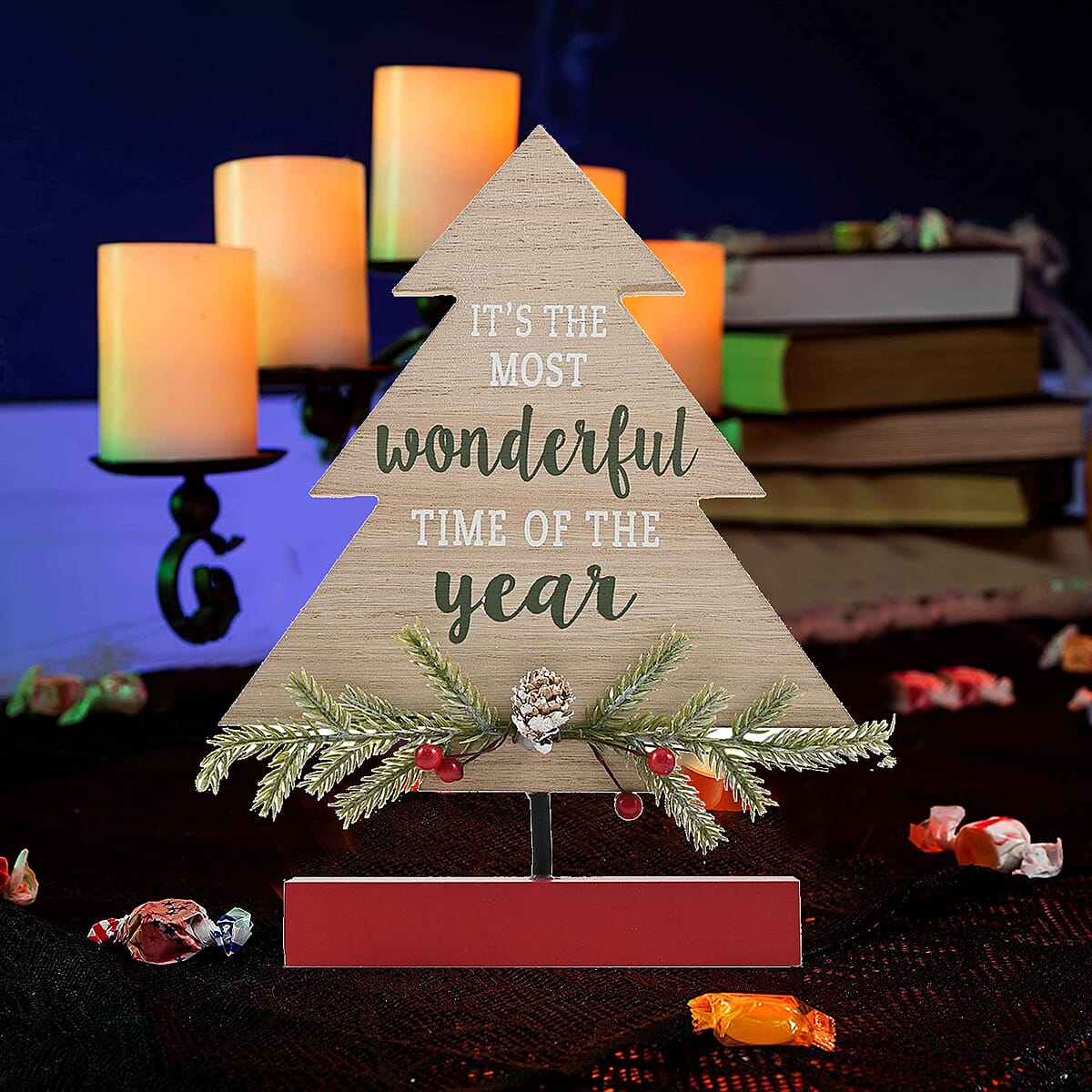 It's The Most Wonderful Time of The Year Tree Table Decor W/Greenery & Pinecone 9.5 & 8.5in Tall | Wooden D&eacute;cor | Dining Room D&eacute;cor | Wooden Art image number 1