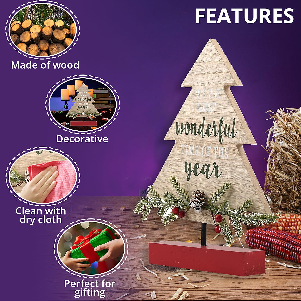 It's The Most Wonderful Time of The Year Tree Table Decor W/Greenery & Pinecone 9.5 & 8.5in Tall | Wooden D&eacute;cor | Dining Room D&eacute;cor | Wooden Art image number 2