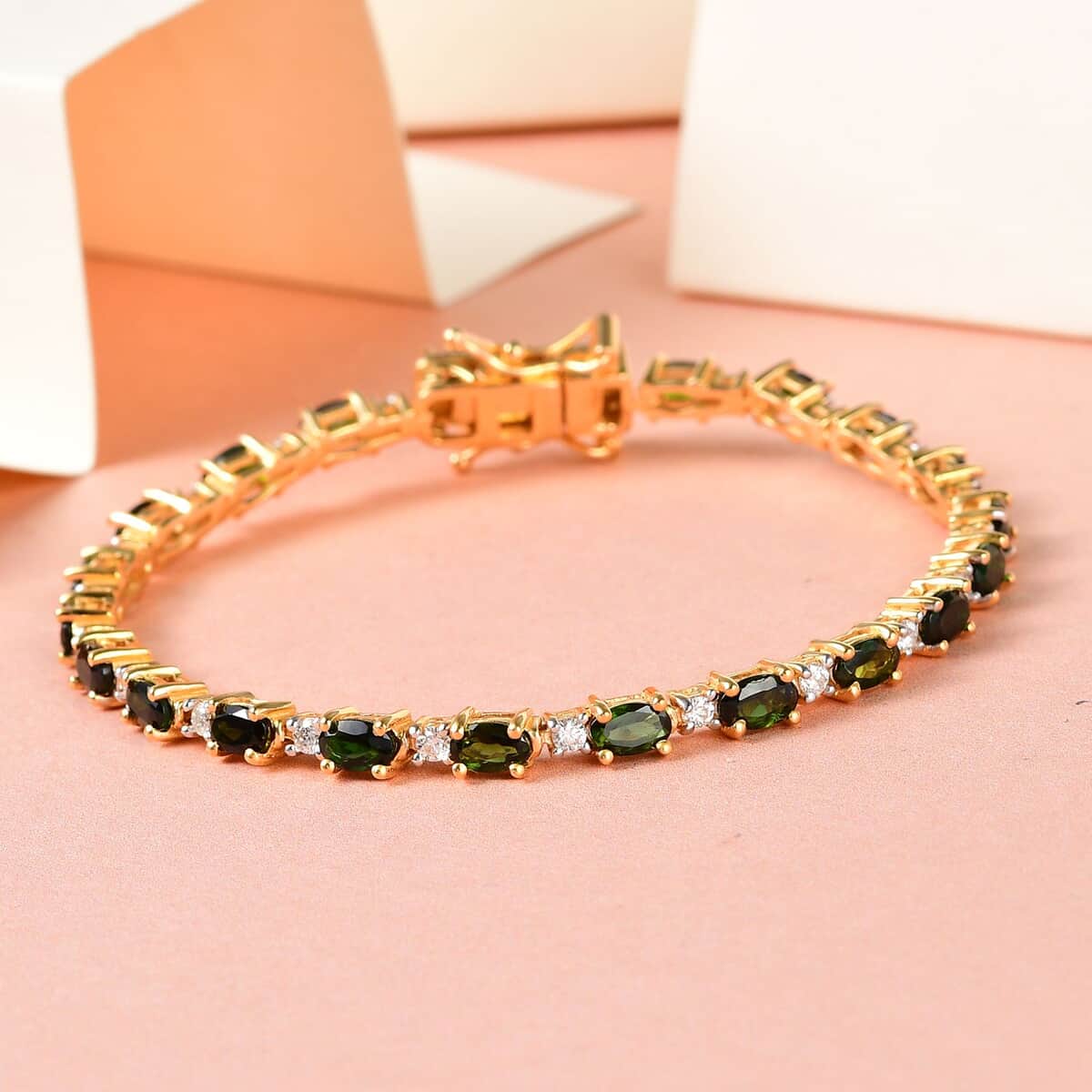 Premium Tanzanian Natural Chrome Tourmaline and Moissanite VS-EF Tennis Bracelet in Vermeil Yellow Gold Over Sterling Silver (8.00 In) 8.40 Grams 6.25 ctw image number 1