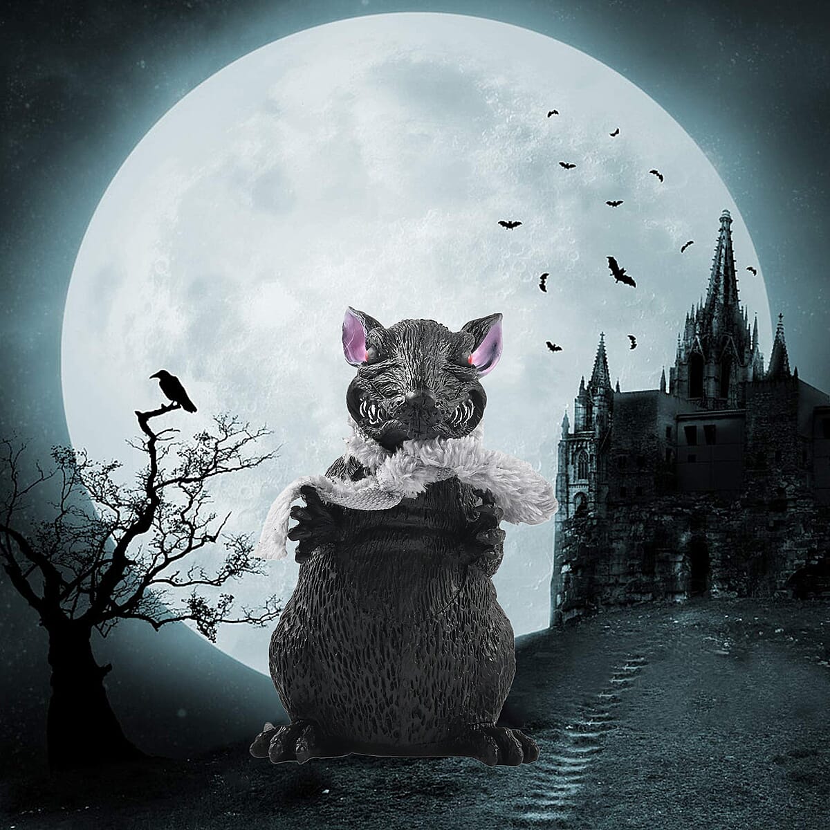 Halloween-Giant 7 Inch Black Rat w/ Grey Scarf image number 1