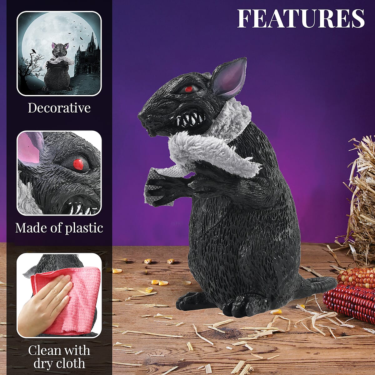 Halloween-Giant 7 Inch Black Rat w/ Grey Scarf image number 2