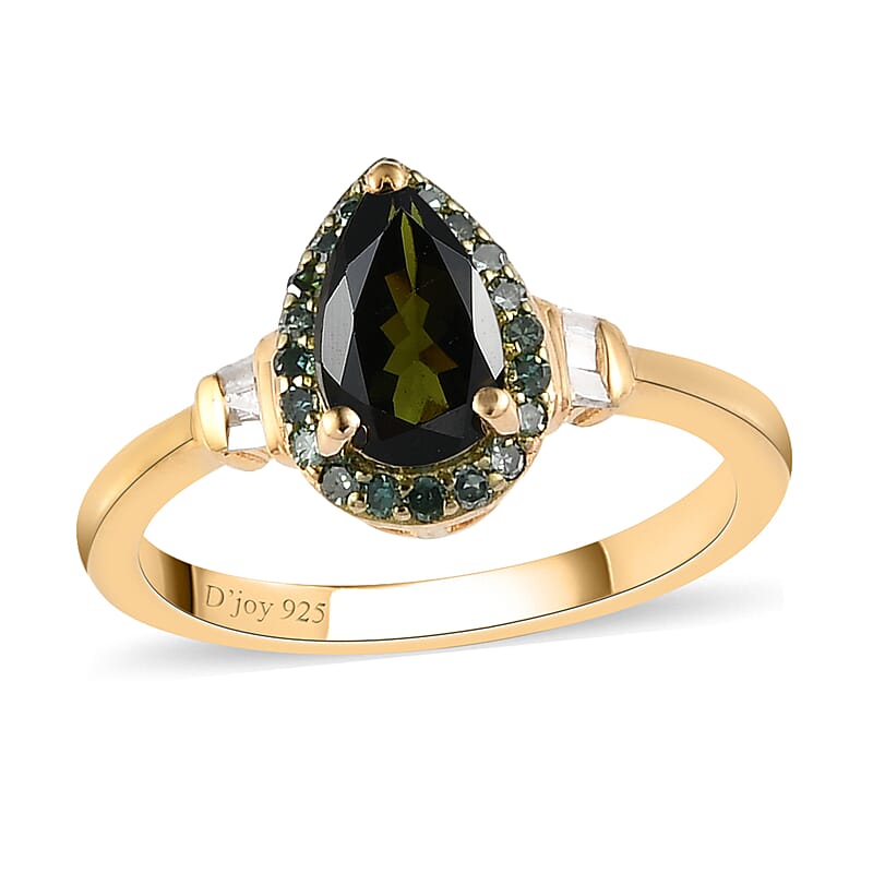 Premium Tanzanian Chrome Tourmaline, Green and White Diamond Ring in Vermeil Yellow Gold Over Sterling Silver (Size 10.0) 1.00 ctw