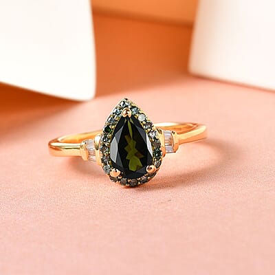 Premium Tanzanian Chrome Tourmaline, Green and White Diamond Ring in Vermeil Yellow Gold Over Sterling Silver (Size 10.0) 1.00 ctw