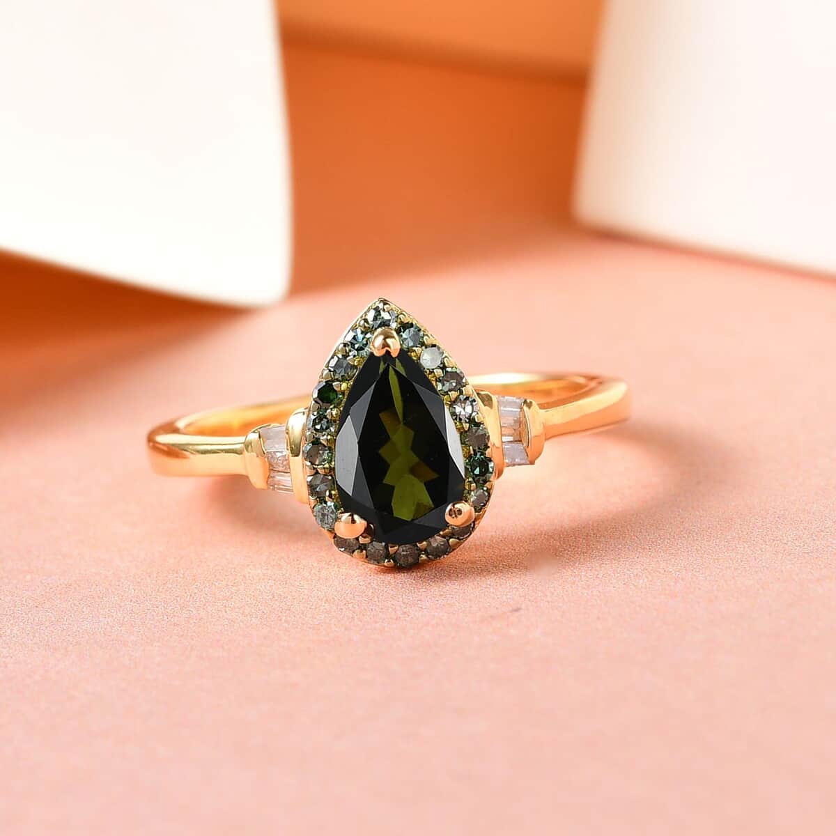 Premium Tanzanian Natural Chrome Tourmaline, Green and White Diamond Ring in Vermeil Yellow Gold Over Sterling Silver (Size 10.0) 1.00 ctw image number 1