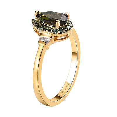 Premium Tanzanian Chrome Tourmaline, Green and White Diamond Ring in Vermeil Yellow Gold Over Sterling Silver (Size 10.0) 1.00 ctw