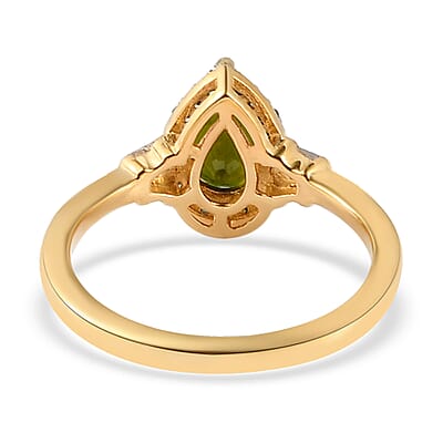 Premium Tanzanian Chrome Tourmaline, Green and White Diamond Ring in Vermeil Yellow Gold Over Sterling Silver (Size 10.0) 1.00 ctw