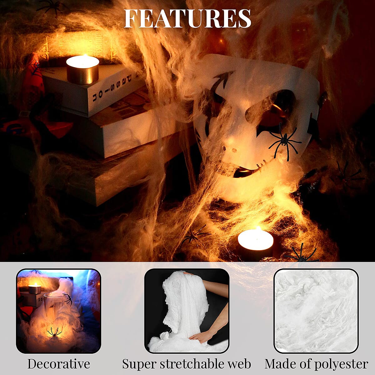 Halloween- White Spider Webbing 1.5oz W/4 Spiders image number 2