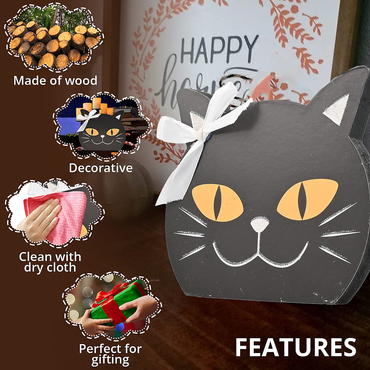 Halloween Black Cat w/ Bow Table Decoration image number 2