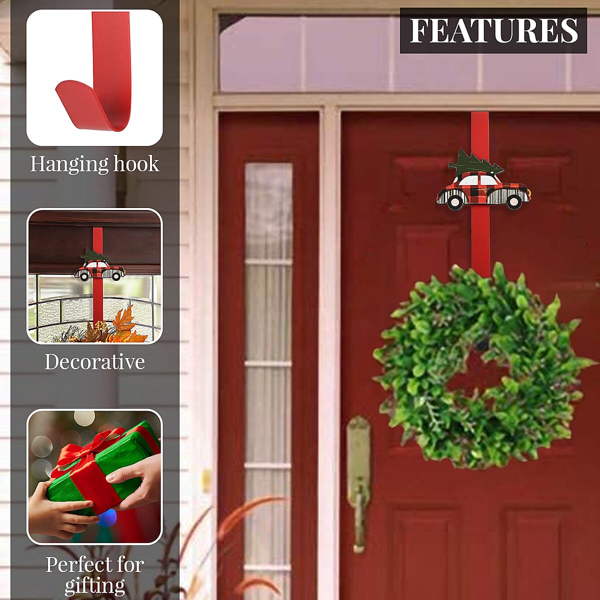 Car with Tree Metal Christmas Wreath Hanger 12 Inches | Door Wreath Hanger Holder | Festive D&eacute;cor | Decoration Items image number 2