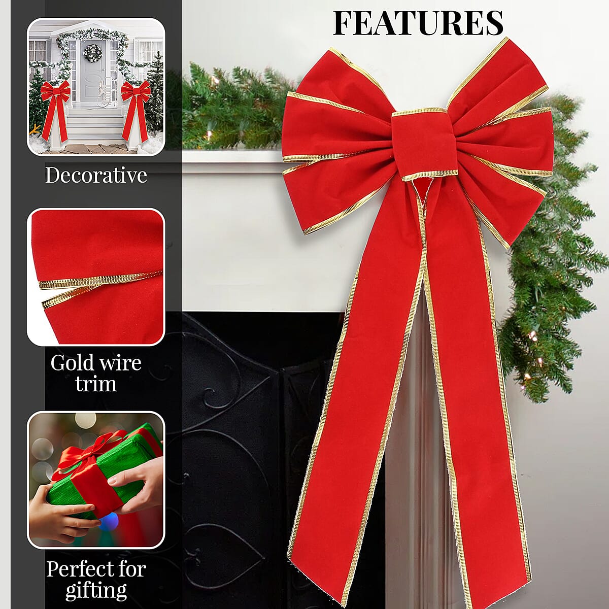 Christmas Red Velvet Bow w/ Gold Trim (10x22 Inches) image number 2
