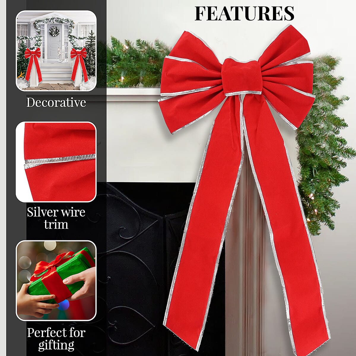 Christmas Red Velvet Bow with Silver Trim image number 2