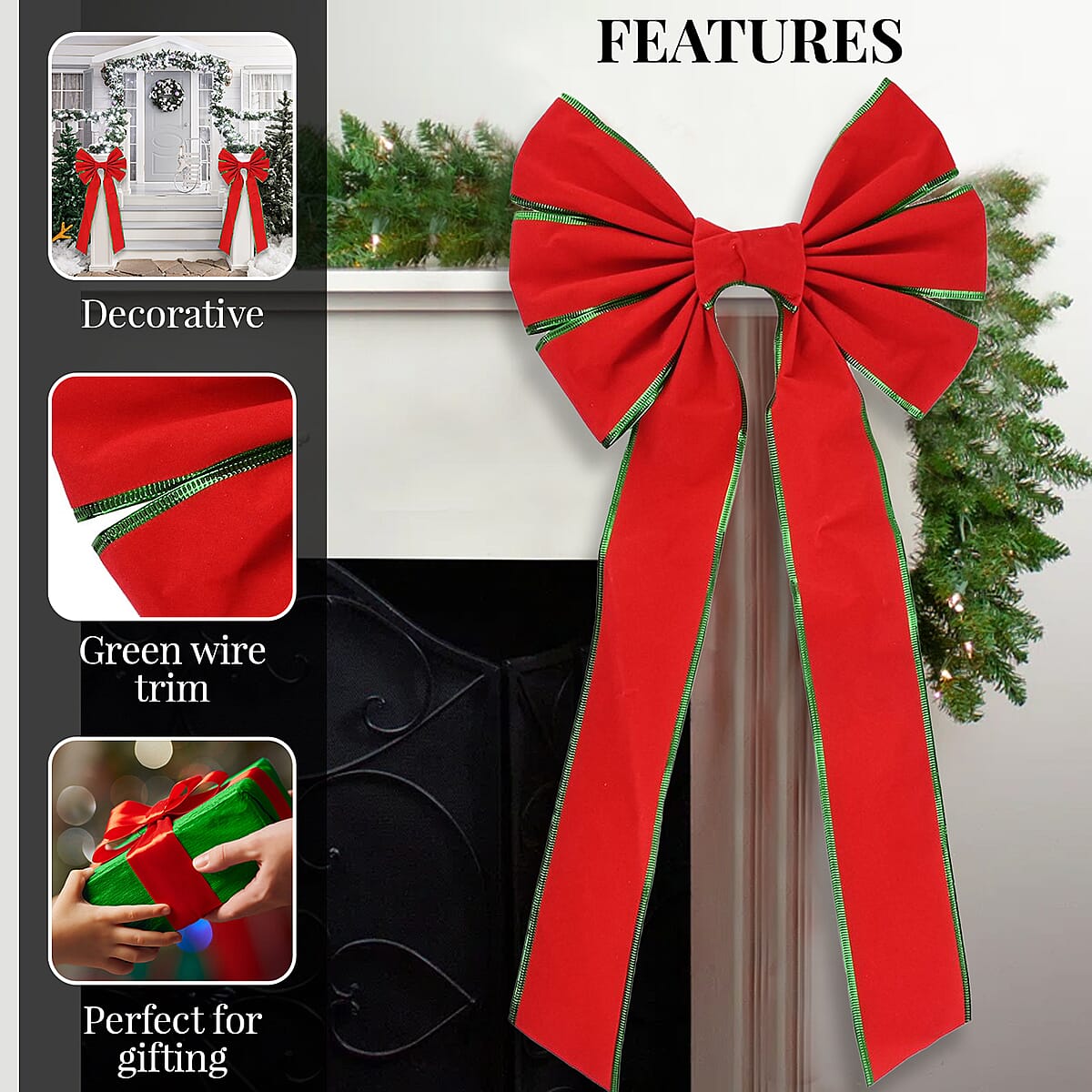 Christmas Red Velvet Bow with Green Trim image number 2