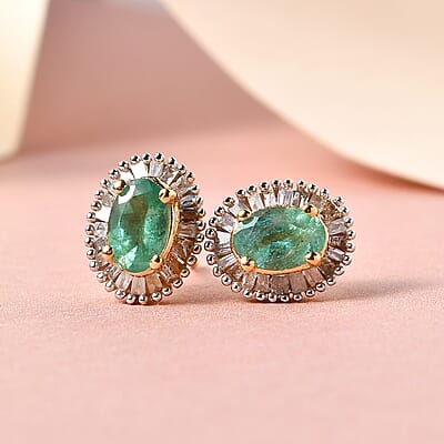Ethiopian Emerald and Diamond Halo Stud Earrings in Vermeil Yellow Gold Over Sterling Silver 1.10 ctw