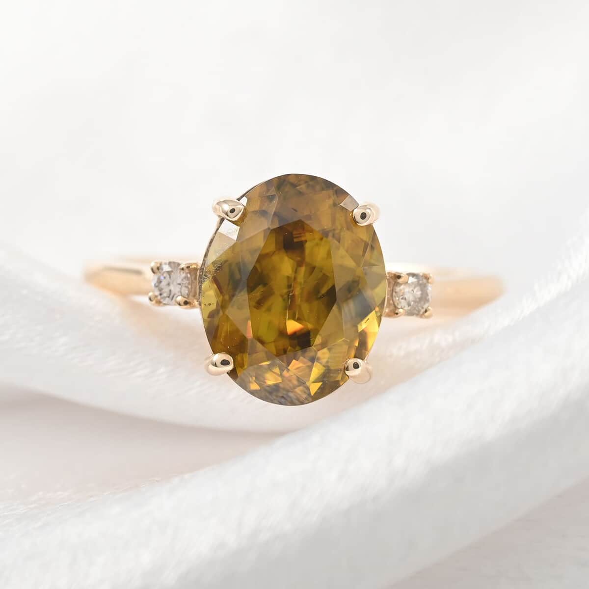 Luxoro AAA Sava Sphene and G-H I2 Diamond 3.20 ctw Ring in 10K Yellow Gold (Size 6.0) image number 1