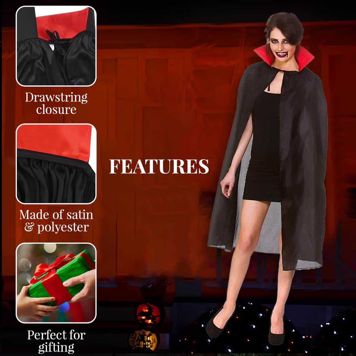 Halloween- Vampire Cape W/satin Red Collar 47 Inches (Adult Size) image number 2