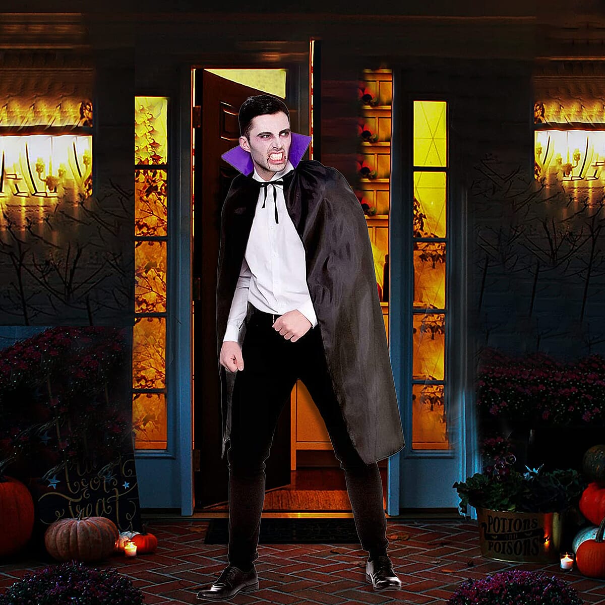 Halloween- Vampire Cape W/satin Purple Collar 47 Inches (Adult Size) , Vampire Cape Halloween Costume , Dracula Cape image number 1