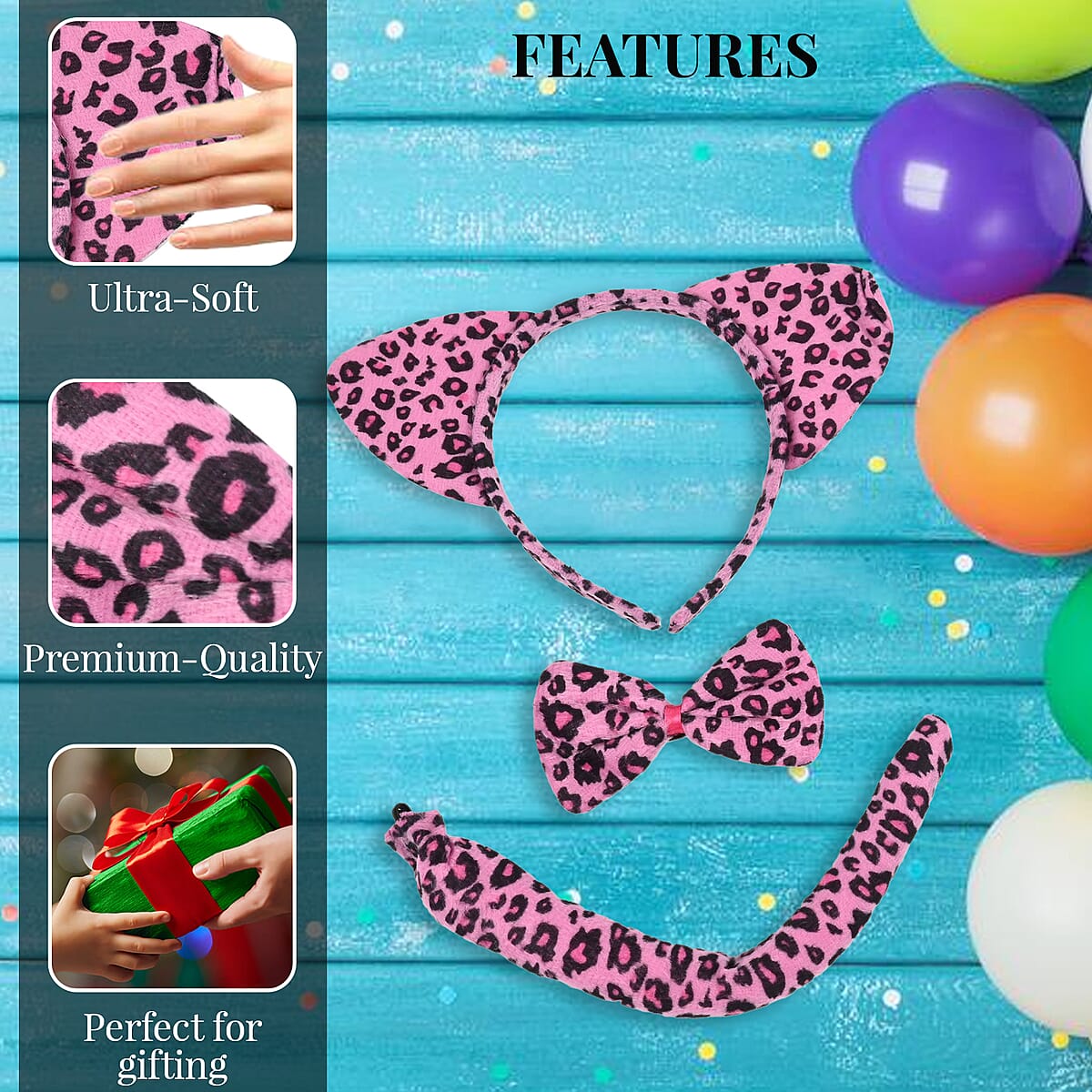 Halloween- Pink Cheetah Costume 3pc Plush set (Includes Ears Headband/bowtie/tail) image number 2