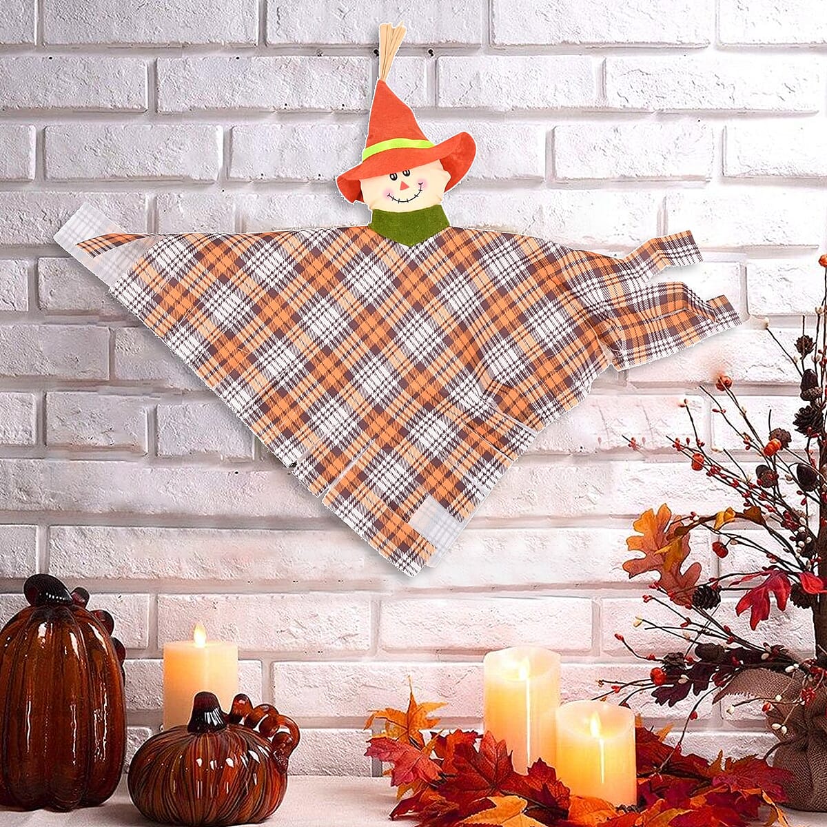 Fall Harvest Shrouded Scarecrow Orange Plaid 14 Inches Hanging Decor image number 1