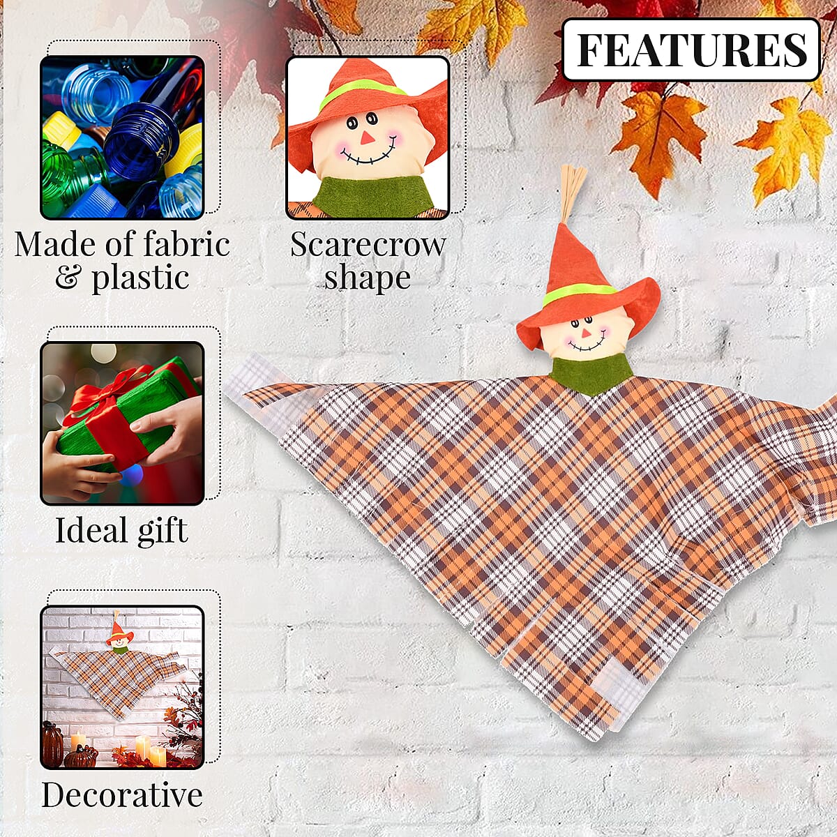 Fall Harvest Shrouded Scarecrow Orange Plaid 14 Inches Hanging Decor image number 2