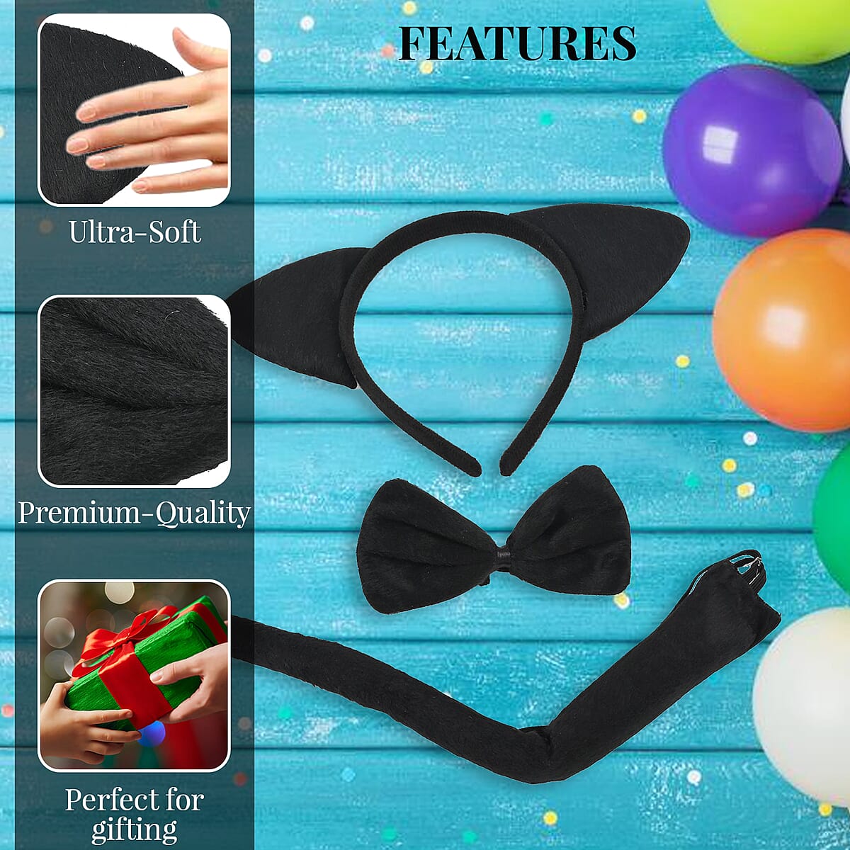 Halloween- Black Cat Costume 3pc Plush set (Includes Ears Headband/bowtie/tail) image number 2