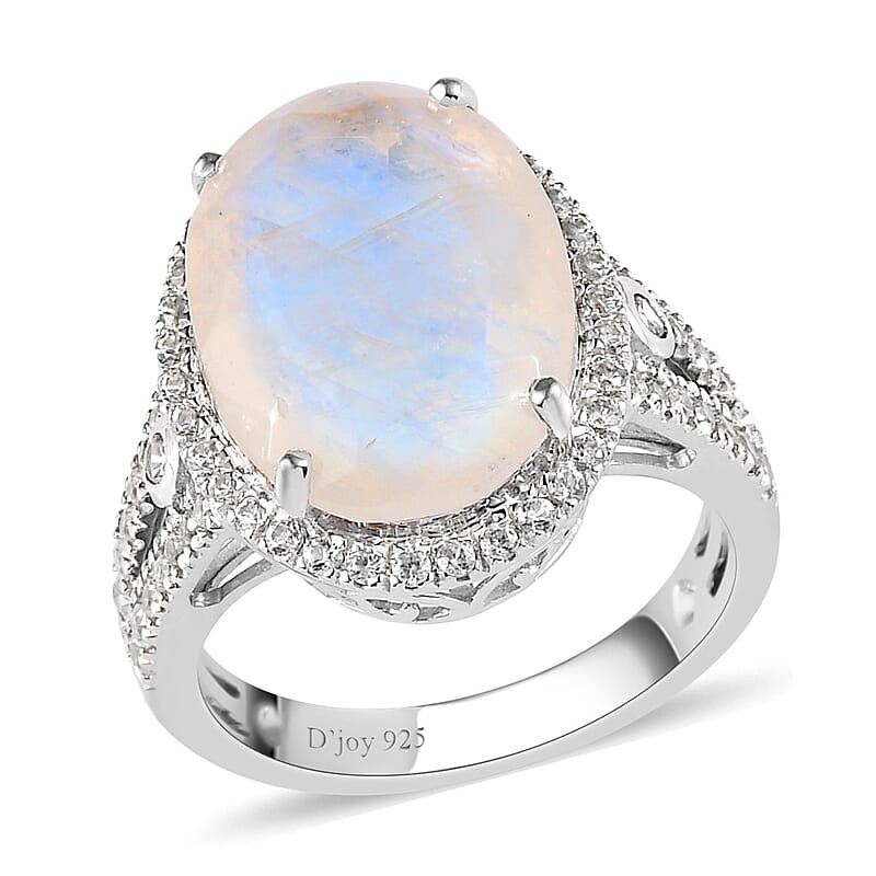 Premium Rainbow Moonstone and White Zircon Halo Ring in Platinum Over Sterling Silver (Size 10.0) 10.60 ctw