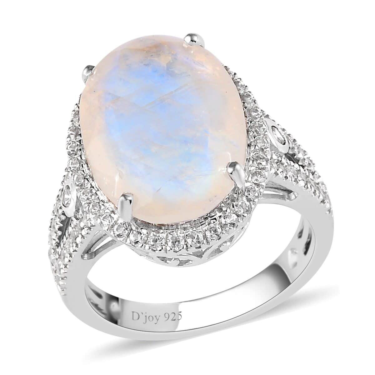 Premium Rainbow Moonstone and White Zircon Halo Ring in Platinum Over Sterling Silver (Size 10.0) 10.60 ctw image number 0