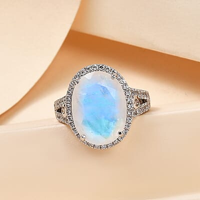 Premium Rainbow Moonstone and White Zircon Halo Ring in Platinum Over Sterling Silver (Size 10.0) 10.60 ctw
