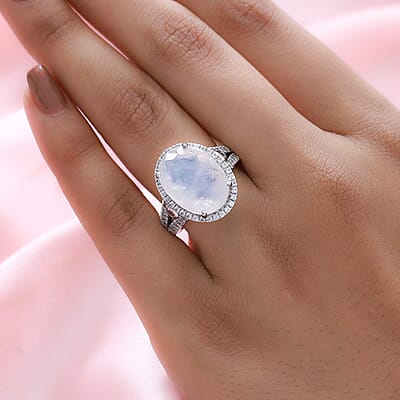 Premium Rainbow Moonstone and White Zircon Halo Ring in Platinum Over Sterling Silver (Size 10.0) 10.60 ctw