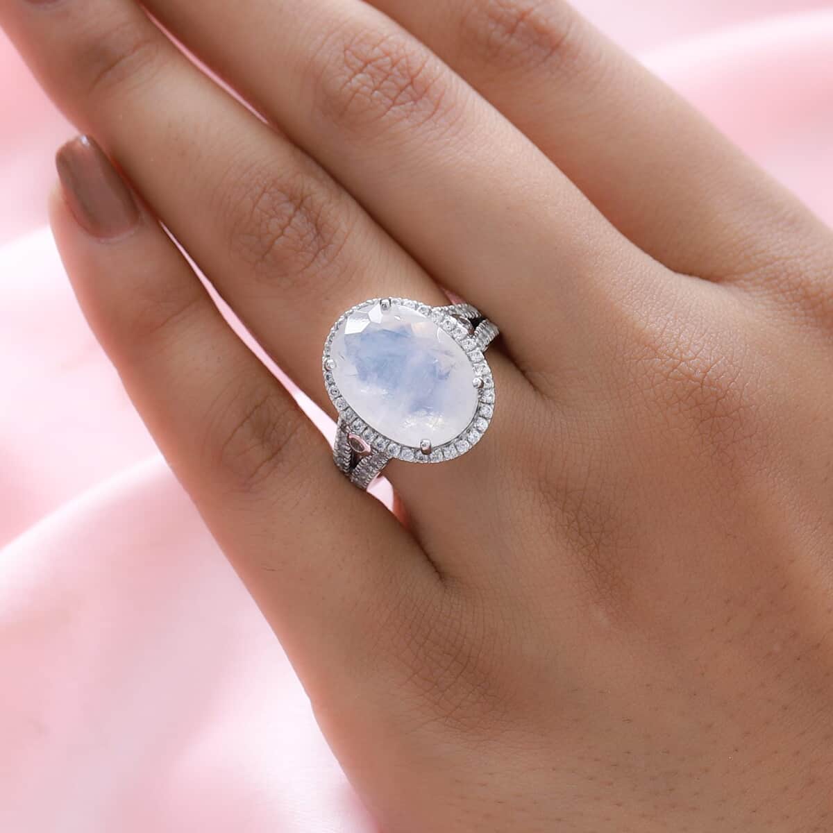 Premium Rainbow Moonstone and White Zircon Halo Ring in Platinum Over Sterling Silver (Size 10.0) 10.60 ctw image number 2