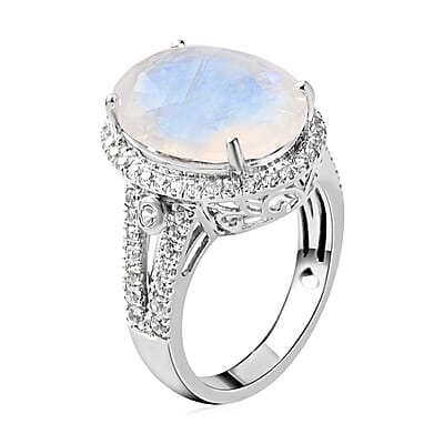 Premium Rainbow Moonstone and White Zircon Halo Ring in Platinum Over Sterling Silver (Size 10.0) 10.60 ctw