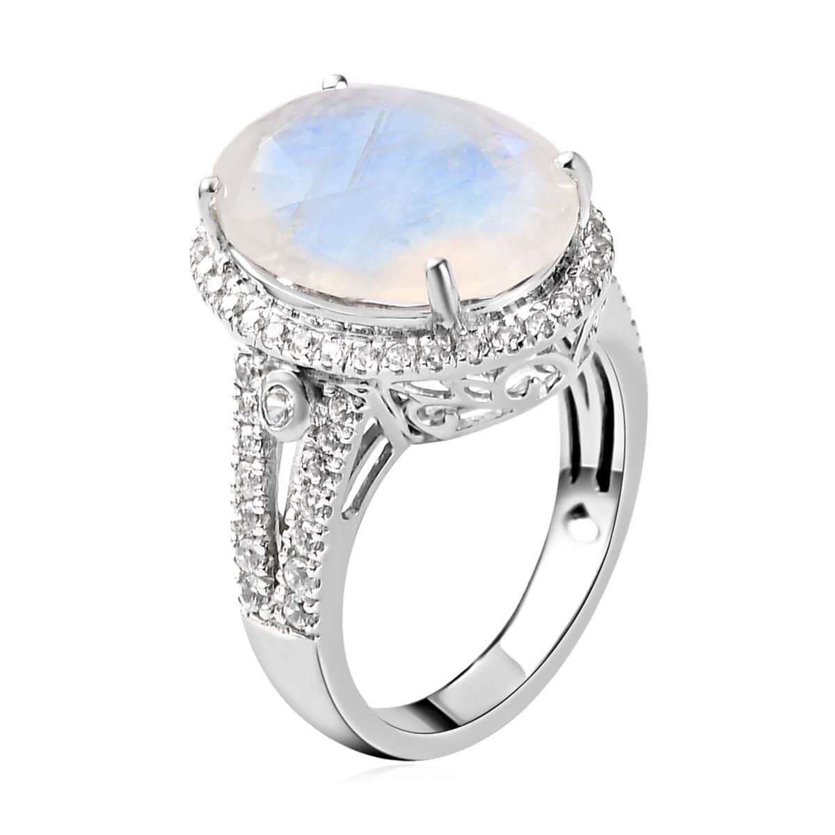 Premium Rainbow Moonstone and White Zircon Halo Ring in Platinum Over Sterling Silver (Size 10.0) 10.60 ctw image number 3