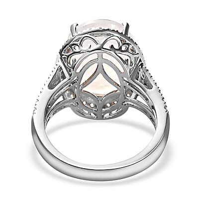 Premium Rainbow Moonstone and White Zircon Halo Ring in Platinum Over Sterling Silver (Size 10.0) 10.60 ctw