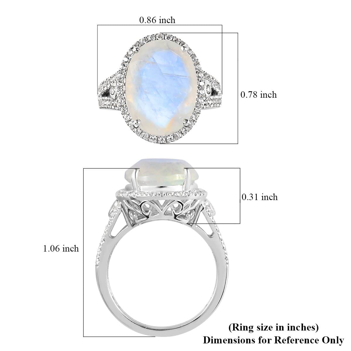 Premium Rainbow Moonstone and White Zircon Halo Ring in Platinum Over Sterling Silver (Size 10.0) 10.60 ctw image number 5