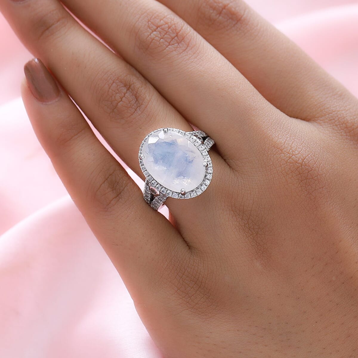 Premium Rainbow Moonstone and White Zircon Halo Ring in Platinum Over Sterling Silver (Size 9.0) 10.60 ctw image number 2