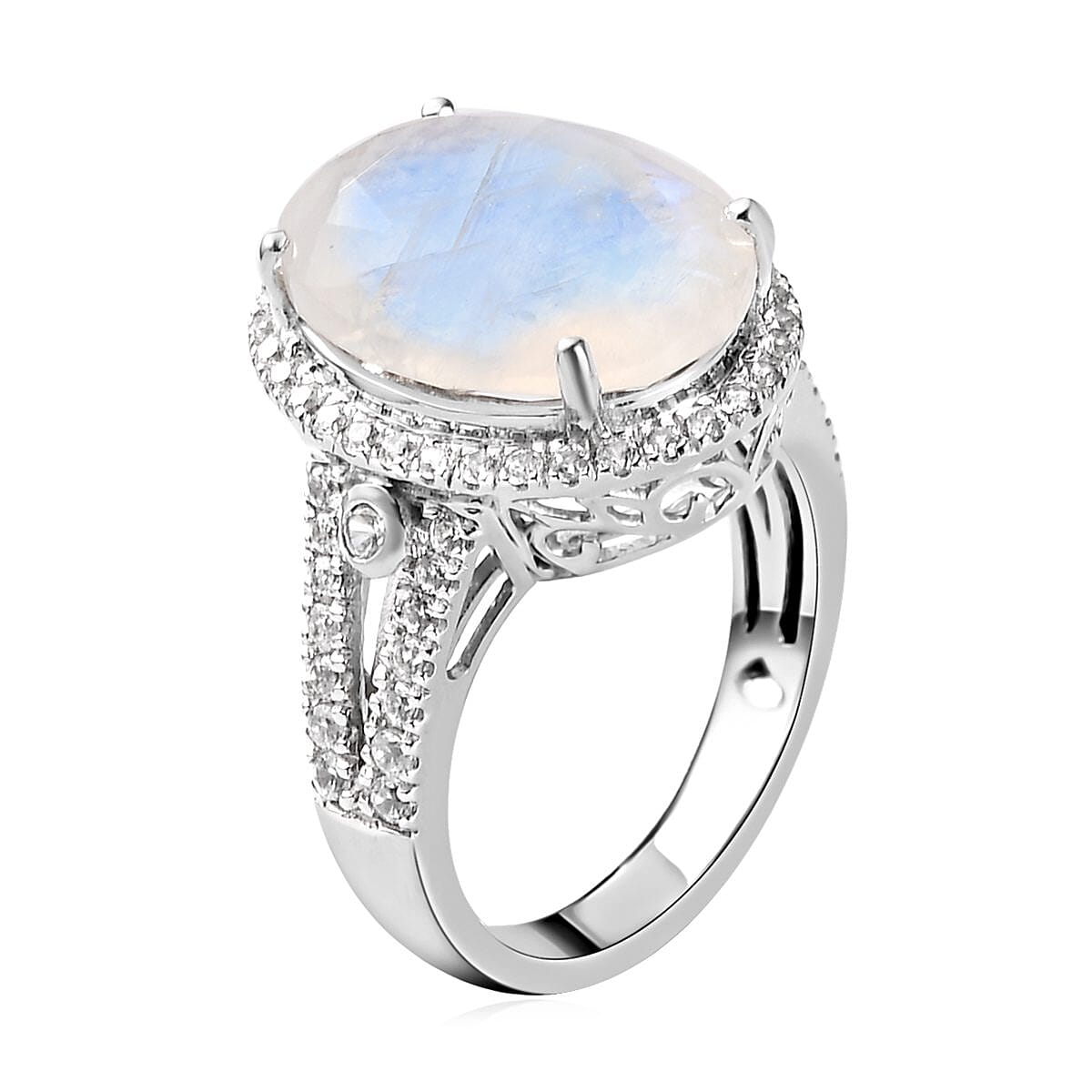 Premium Rainbow Moonstone and White Zircon Halo Ring in Platinum Over Sterling Silver (Size 9.0) 10.60 ctw image number 3