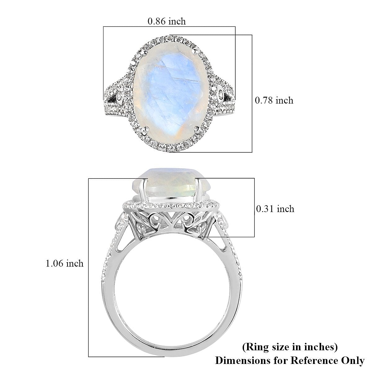 Premium Rainbow Moonstone and White Zircon Halo Ring in Platinum Over Sterling Silver (Size 9.0) 10.60 ctw image number 5