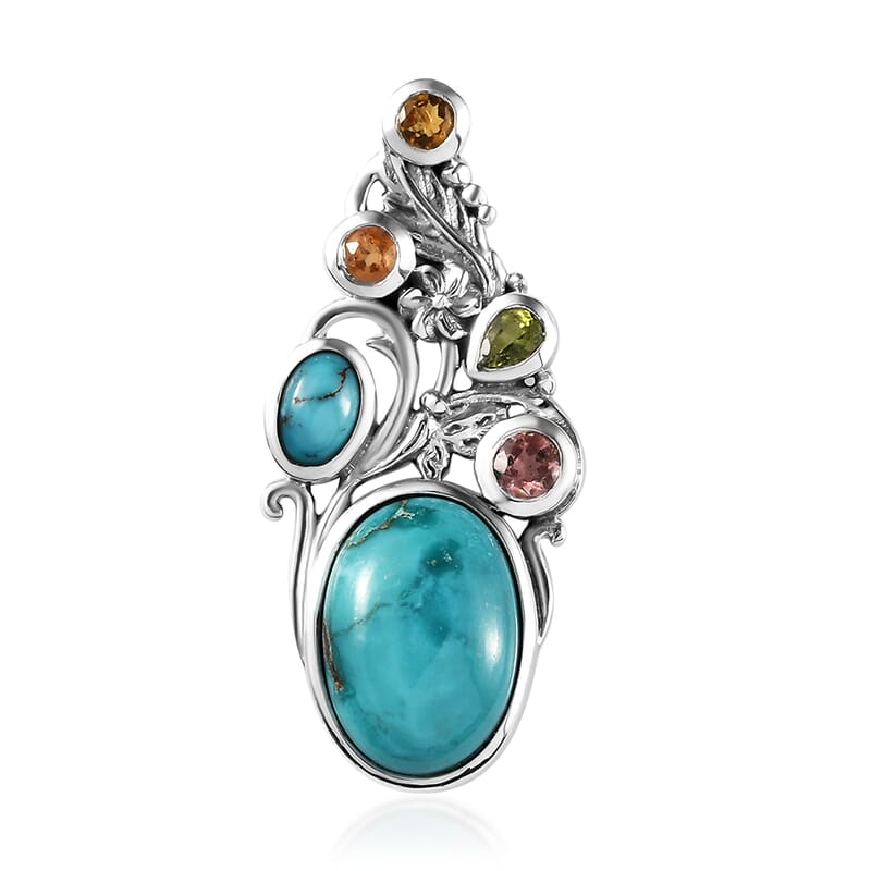 Artisan Crafted Sierra Nevada Turquoise and Multi-Tourmaline Pendant in Sterling Silver 6.90 ctw