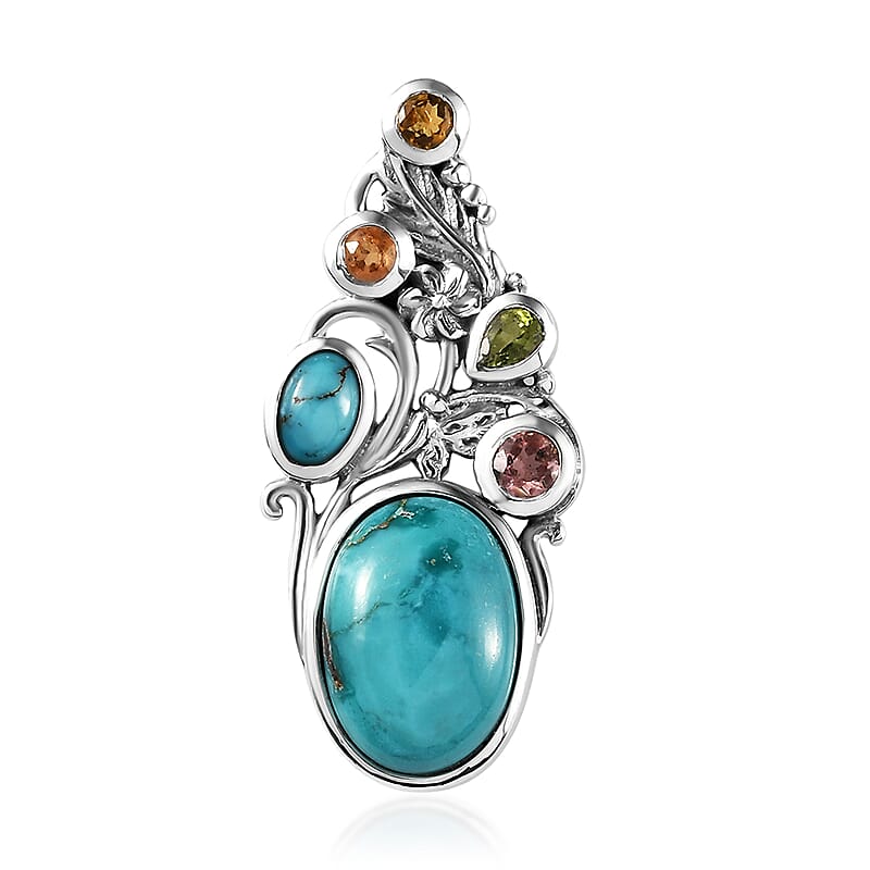 Artisan Crafted Sierra Nevada Turquoise and Multi-Tourmaline Pendant in Sterling Silver 6.90 ctw