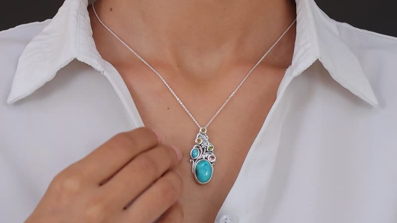 Artisan Crafted Sierra Nevada Turquoise and Multi-Tourmaline Pendant in Sterling Silver 6.90 ctw
