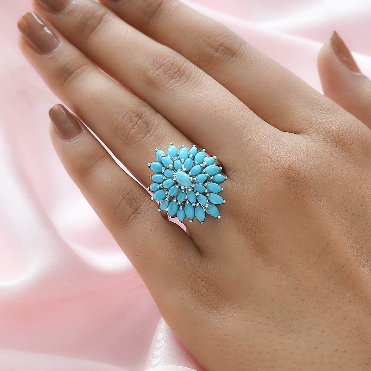 Sleeping Beauty Turquoise Floral Spray Ring in Platinum Over Sterling Silver (Size 10.0) 3.75 ctw image number 2