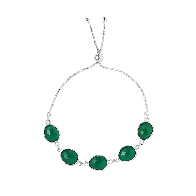 Green Onyx Bracelet in Sterling Silver, Bolo Adjustable Bracelet For Women, Gifts For Women 19.40 ctw