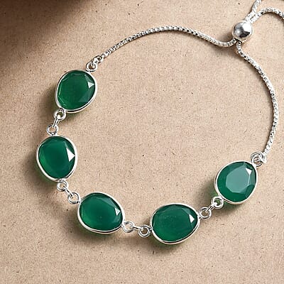 Green Onyx Bracelet in Sterling Silver, Bolo Adjustable Bracelet For Women, Gifts For Women 19.40 ctw