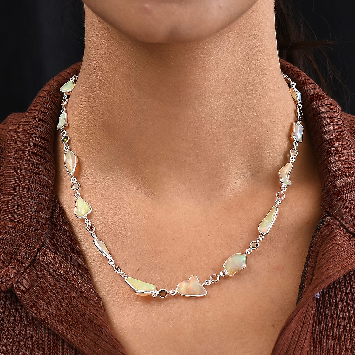Artisan Crafted Rough Cut Ethiopian Welo Opal and Multi-Tourmaline Necklace 18 Inches in Sterling Silver 39.50 ctw image number 2