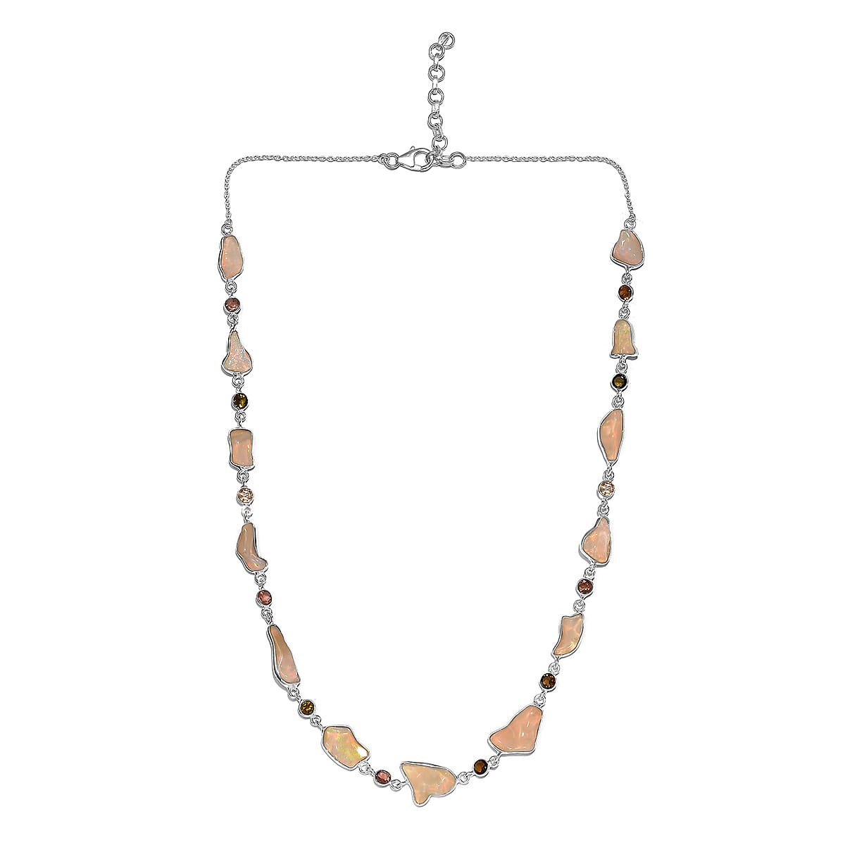 Artisan Crafted Rough Cut Ethiopian Welo Opal and Multi-Tourmaline Necklace 18 Inches in Sterling Silver 39.50 ctw image number 3