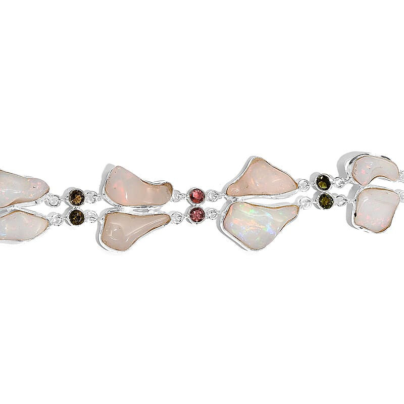 Artisan Crafted Rough Cut Ethiopian Welo Opal and Multi-Tourmaline Bracelet in Sterling Silver (7.25 In) 40.15 ctw